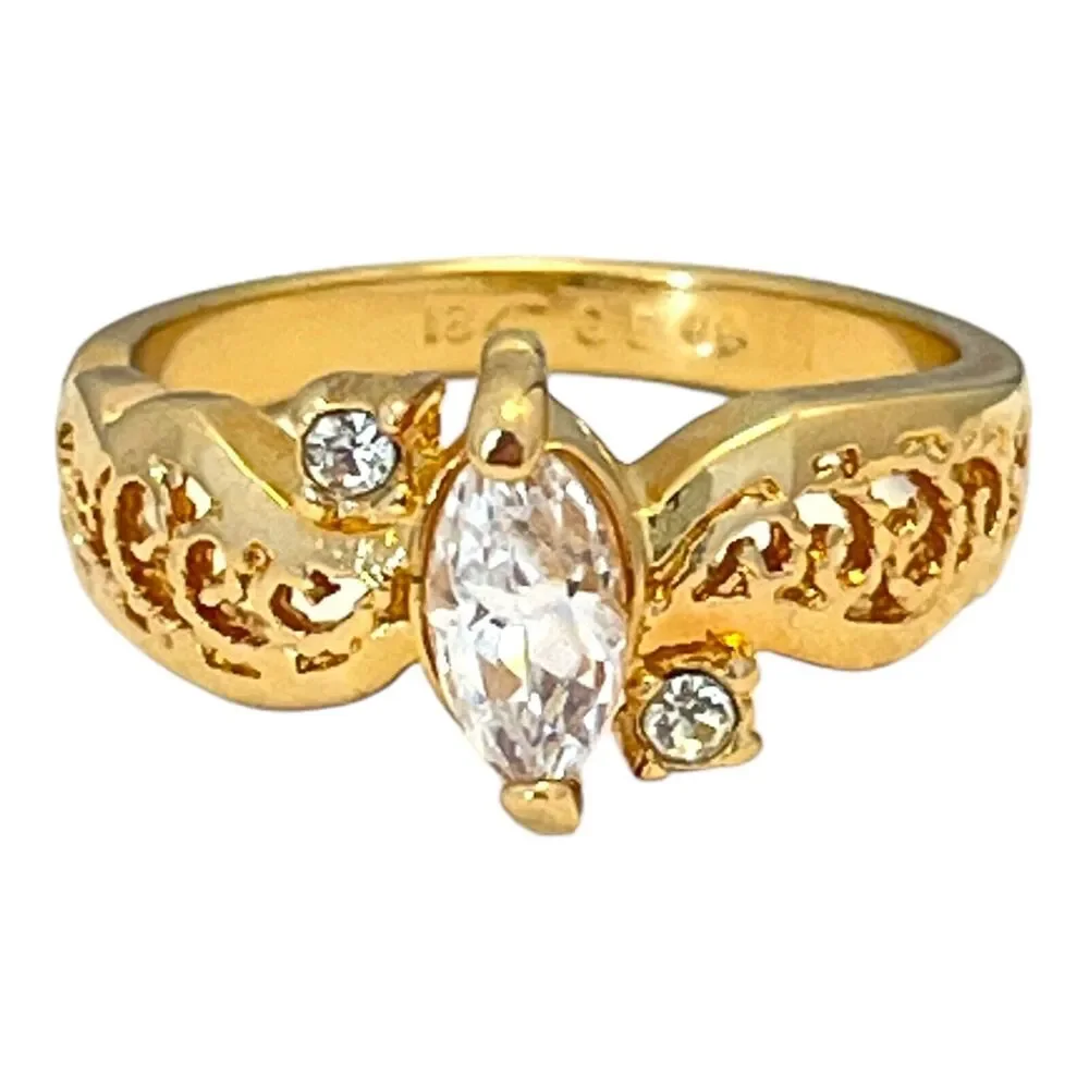Vintage 1970s Vargas Marquise CZ Ring 18KT Gold Plate Filigree Size 7 - 5T